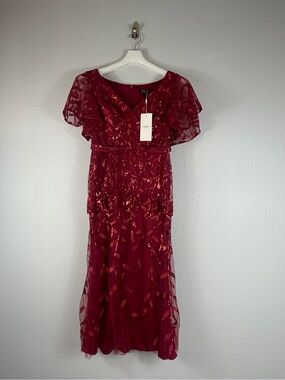 NWT Ever Pretty Burgundy Sequin Midi Dress with Flutter Sleeves